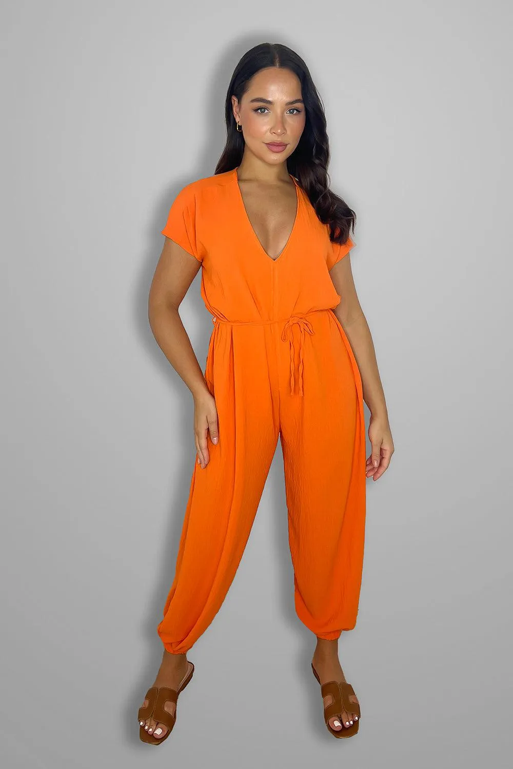 V Cut Short Sleeves Tie Belt Cuffed Wide Leg Jumpsuit