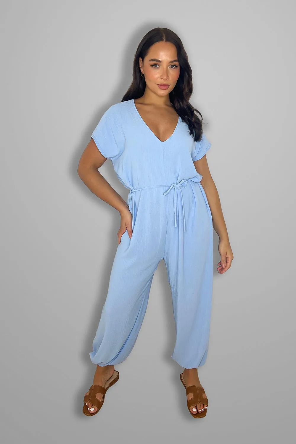 V Cut Short Sleeves Tie Belt Cuffed Wide Leg Jumpsuit