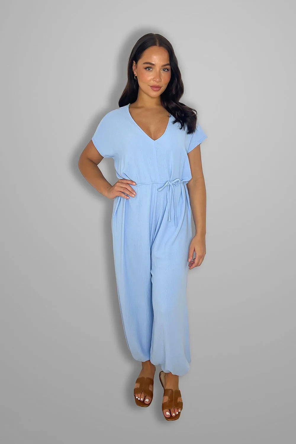 V Cut Short Sleeves Tie Belt Cuffed Wide Leg Jumpsuit