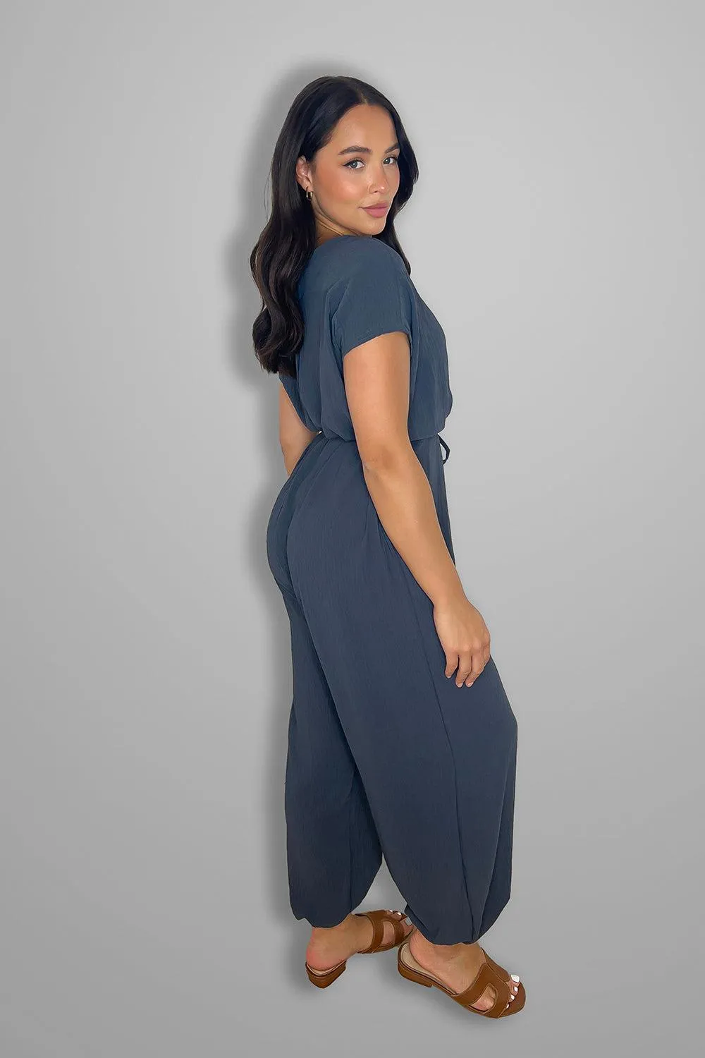 V Cut Short Sleeves Tie Belt Cuffed Wide Leg Jumpsuit