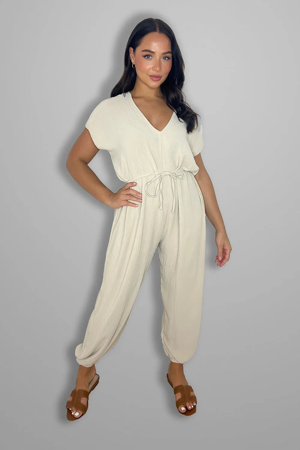 V Cut Short Sleeves Tie Belt Cuffed Wide Leg Jumpsuit