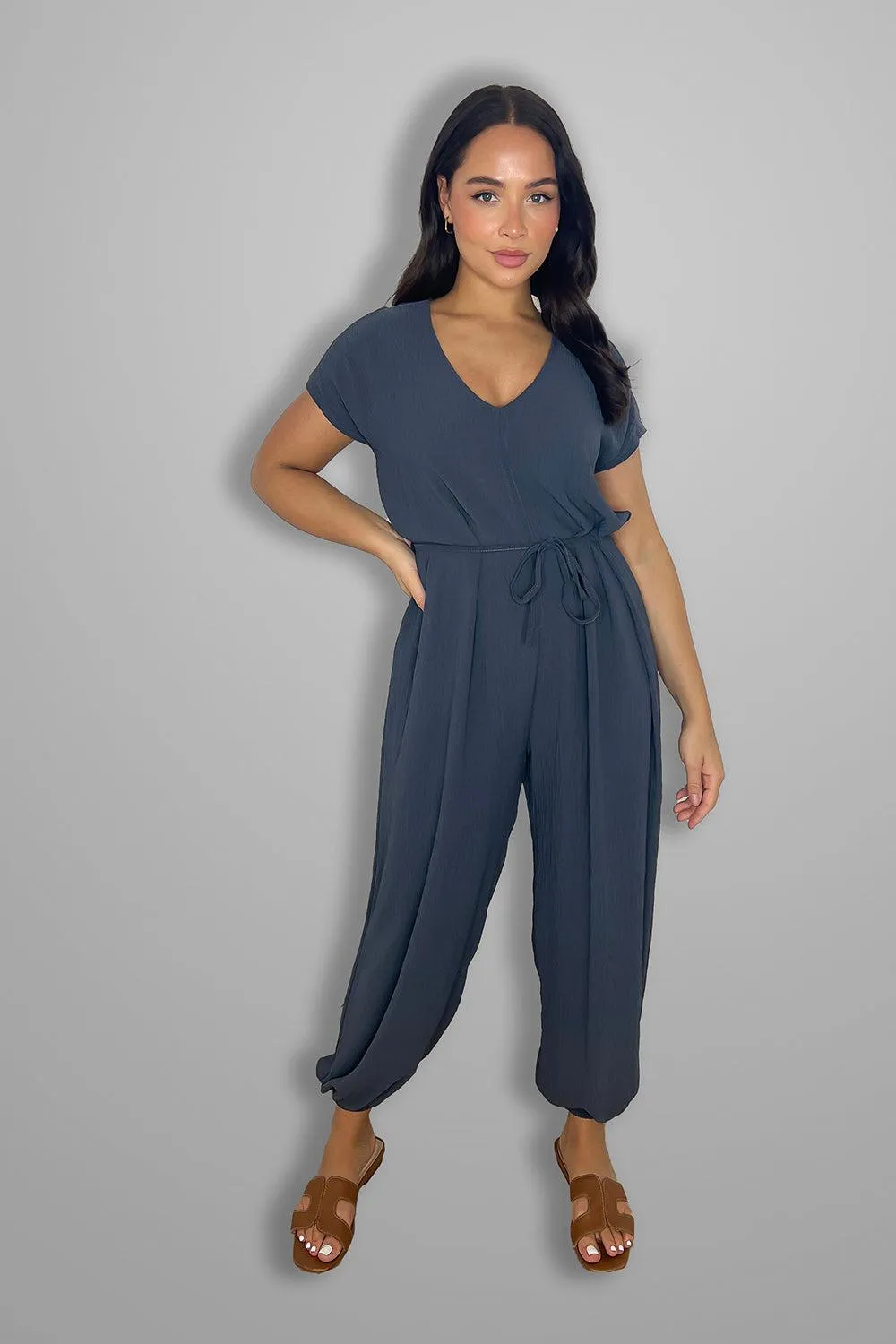 V Cut Short Sleeves Tie Belt Cuffed Wide Leg Jumpsuit