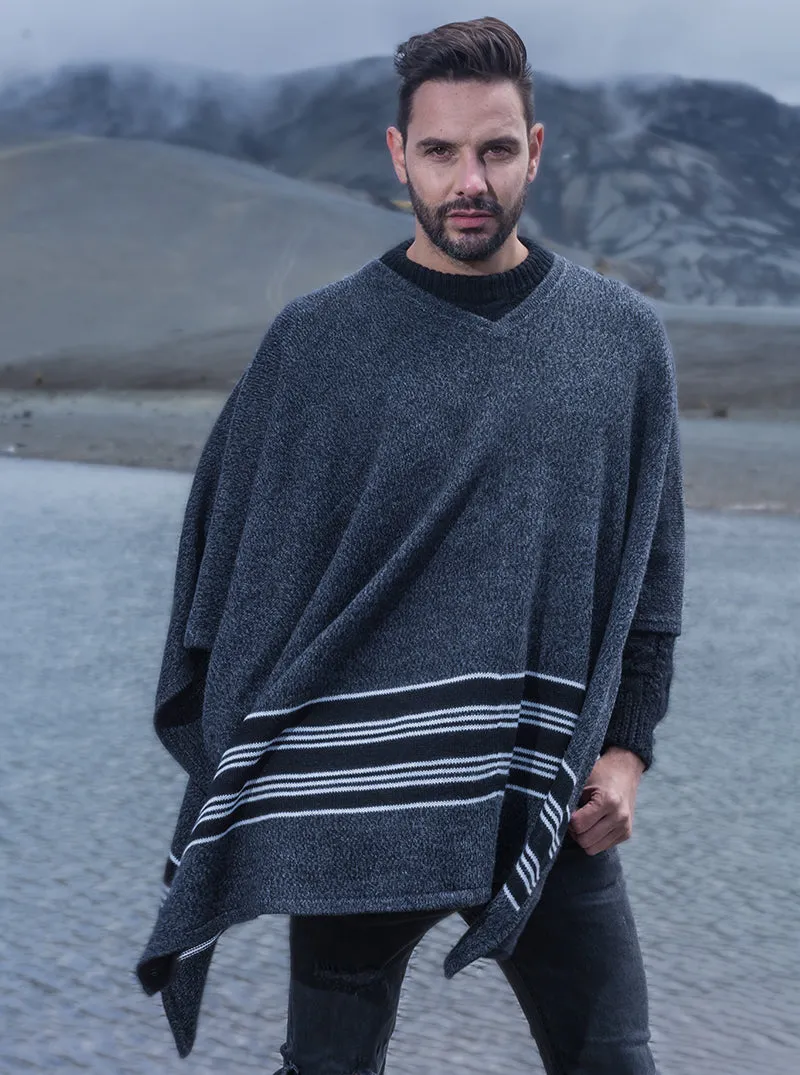 V-Neck Gray Alpaca Poncho for Men