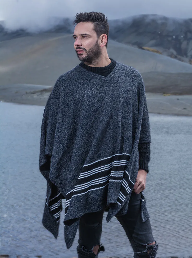 V-Neck Gray Alpaca Poncho for Men