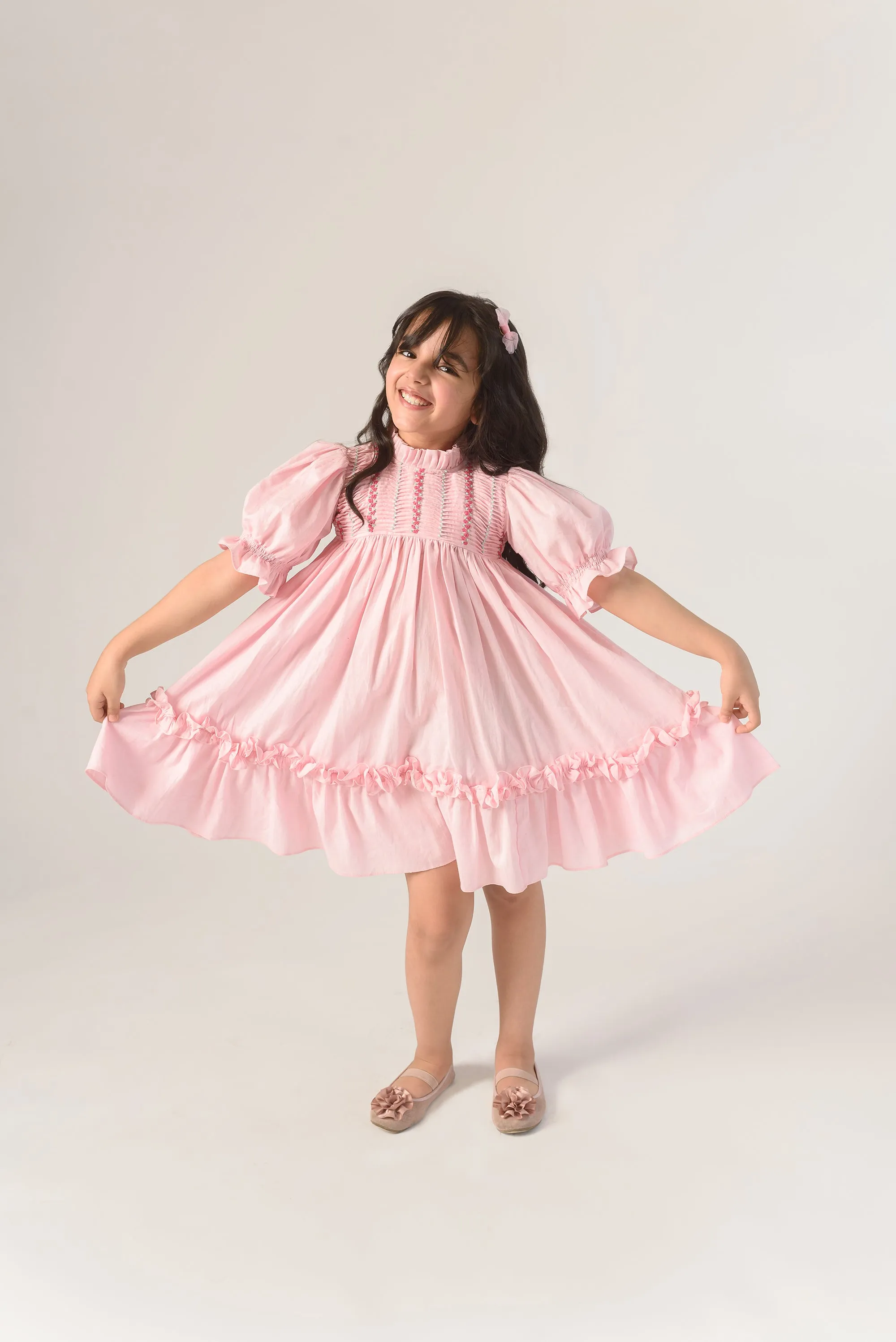 Valley of Flowers- Thread Embroidered Organic Cotton Pink Dress For Girls