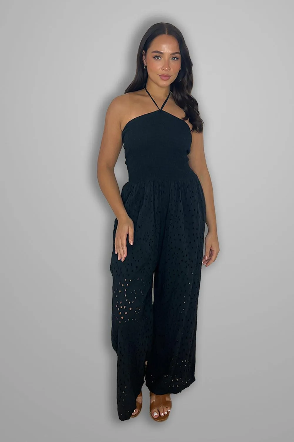 Versatile Halterneck Crochet Wide Leg Jumpsuit