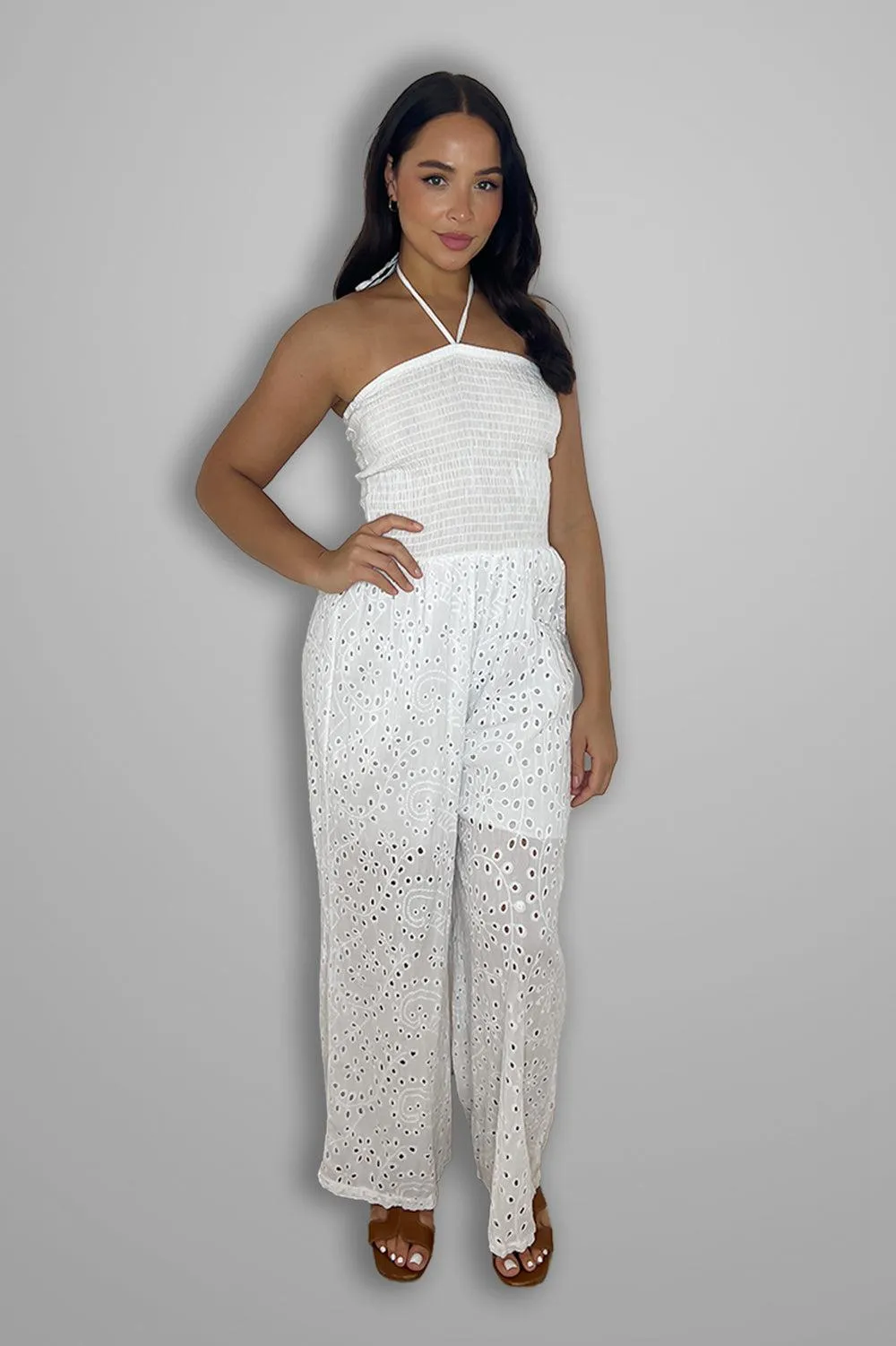 Versatile Halterneck Crochet Wide Leg Jumpsuit