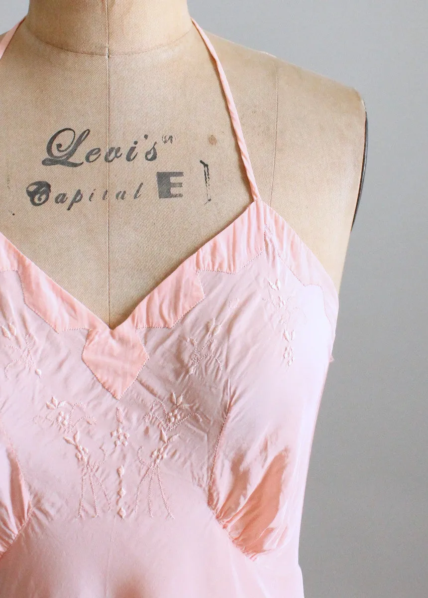 Vintage 1940s Embroidered Peach Rayon Halter Slip Dress