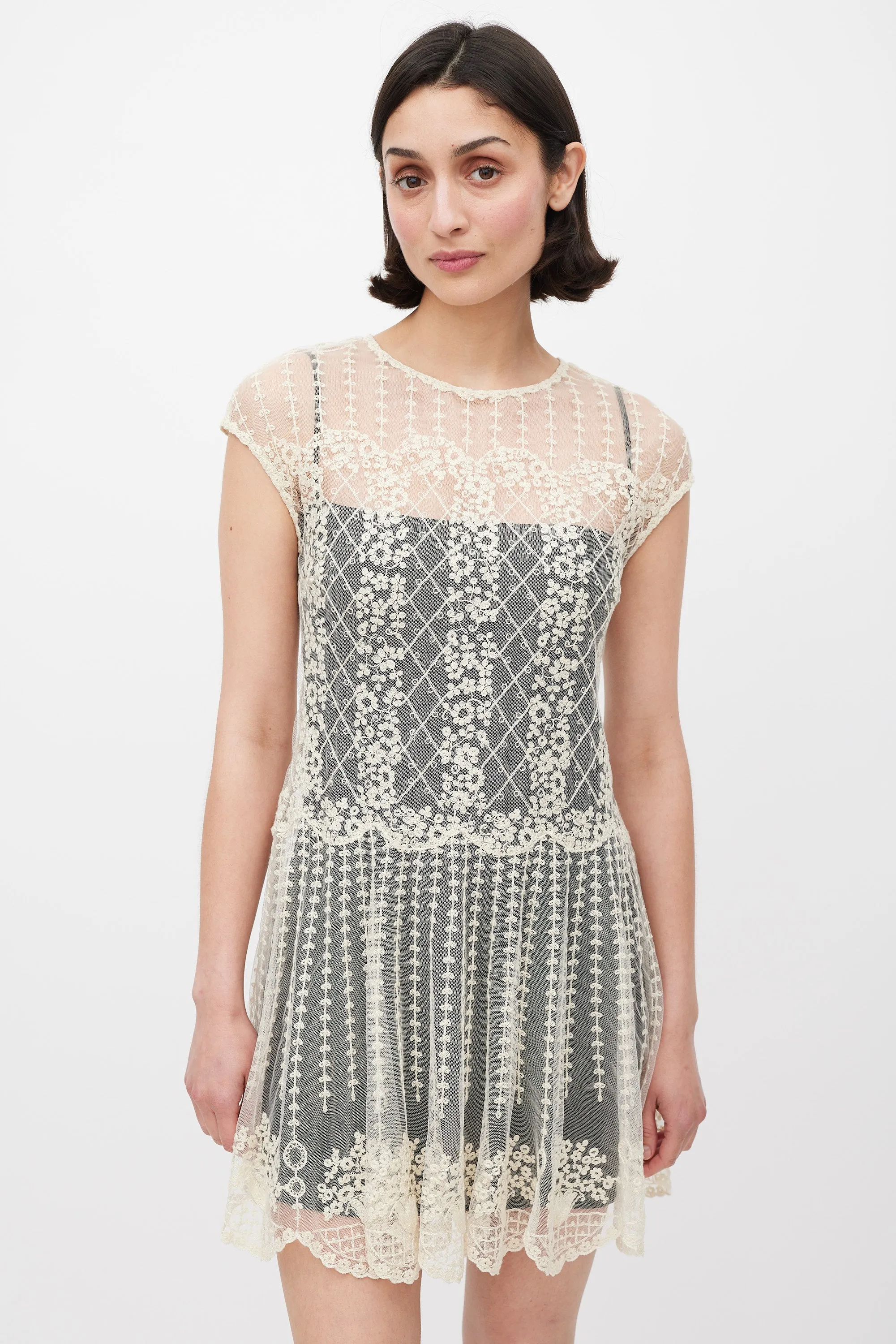 White & Black Floral Lace Overlay Dress