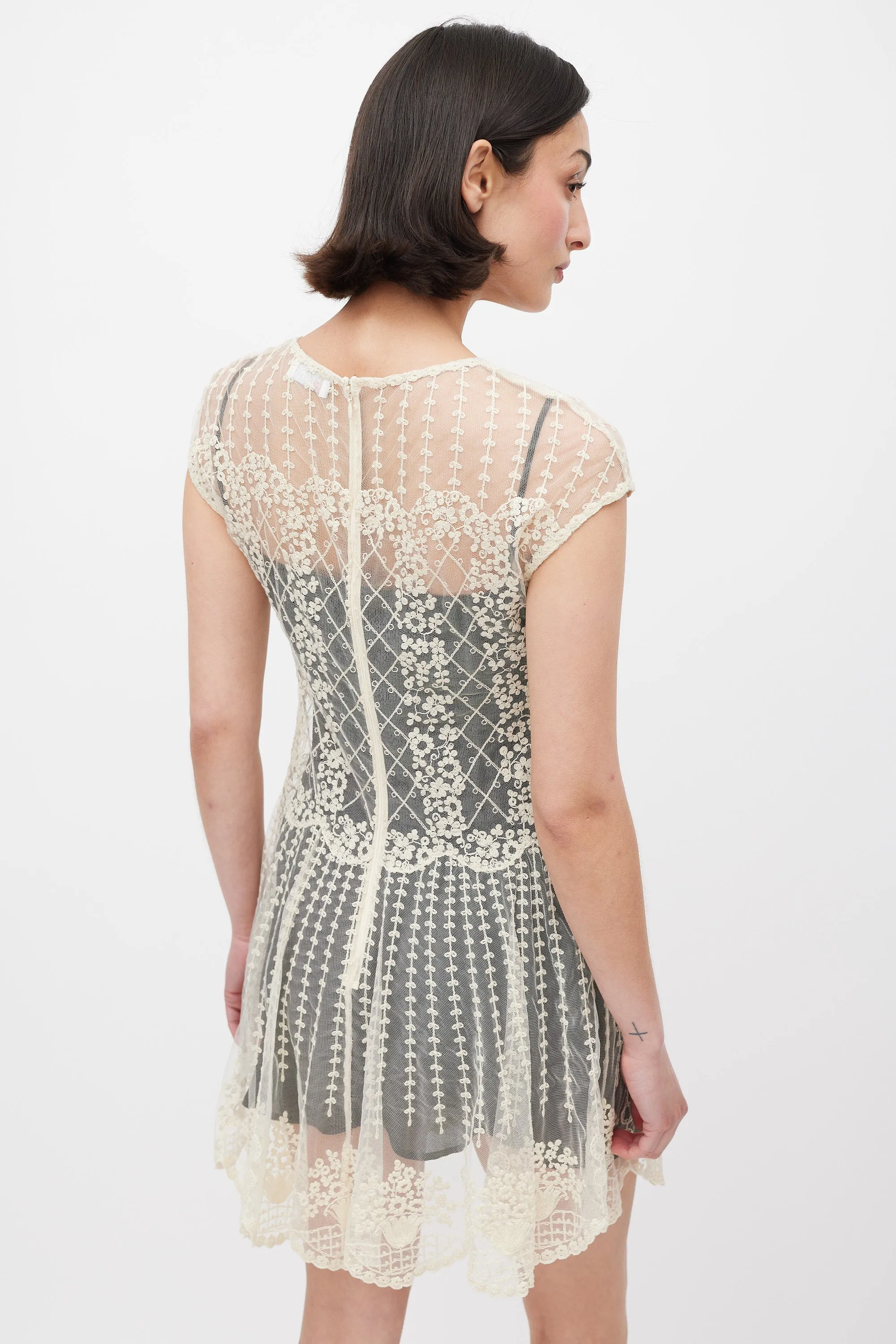 White & Black Floral Lace Overlay Dress