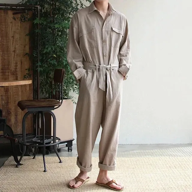 Wiaofellas Men's French Retro Workwear Jumpsuit Suit Trendy Solid Elegant Loose Comfortable Casual Simple Breathable Long-Sleeve Jumpsuit