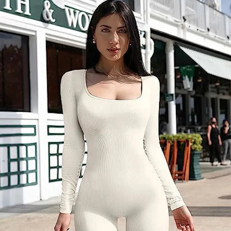 Woman Yoga Pilates Jumpsuit Fashion Slim Rompers Fitness Sportswear Sets Ladies Solid Color Ribbed Jumpsuits Long Sleeve Pants