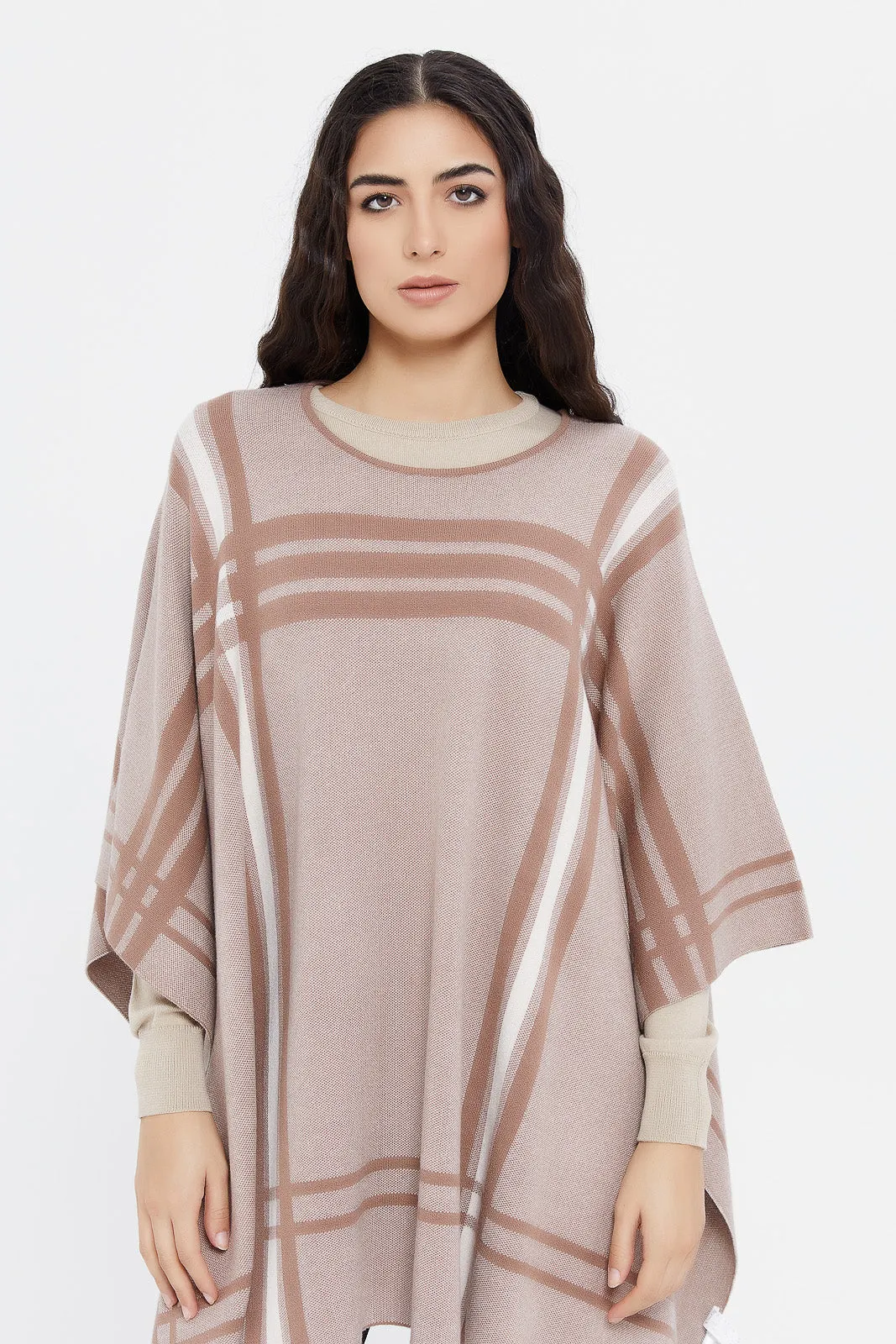 Women Beige Jacquard Poncho Pullover