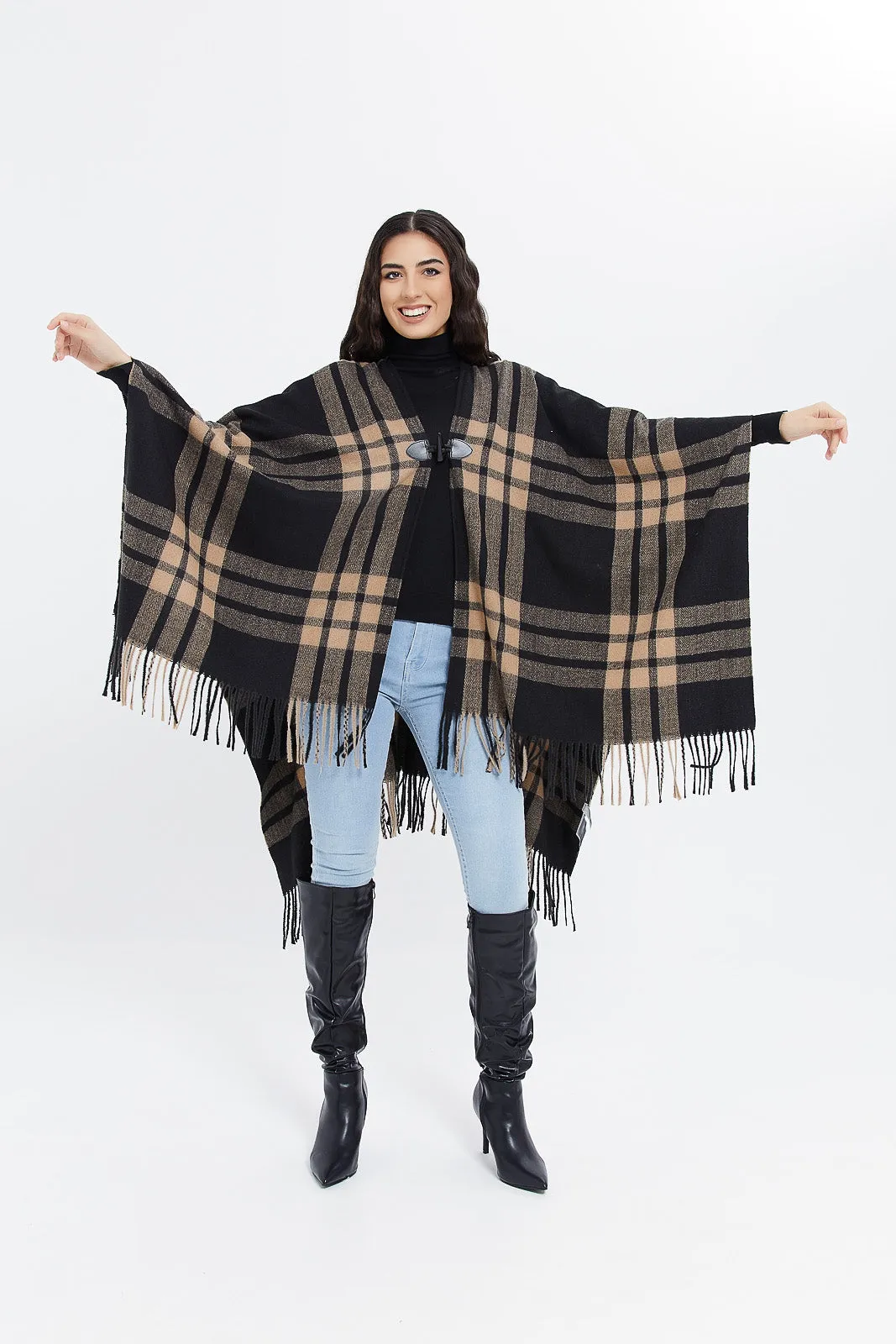 Women Black And Beige Poncho Cardigan