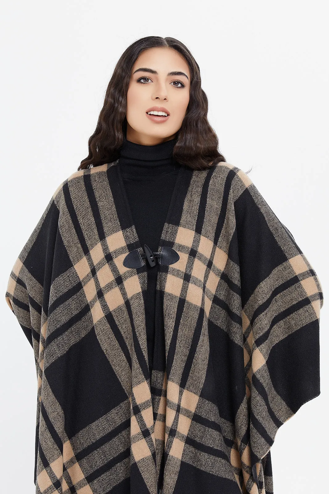 Women Black And Beige Poncho Cardigan