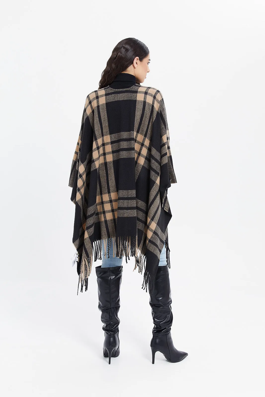 Women Black And Beige Poncho Cardigan