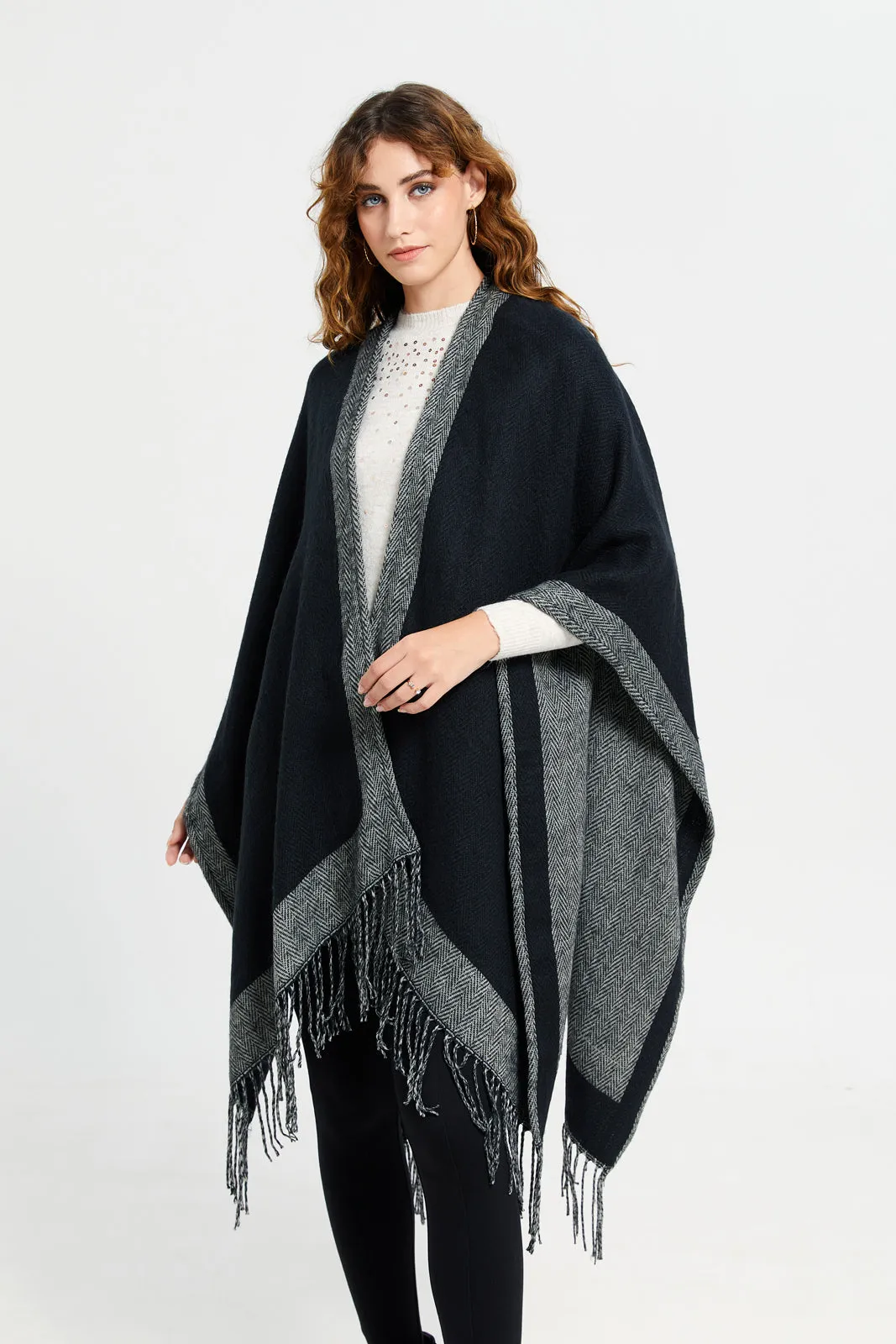 Women Black Jacquard Border Poncho