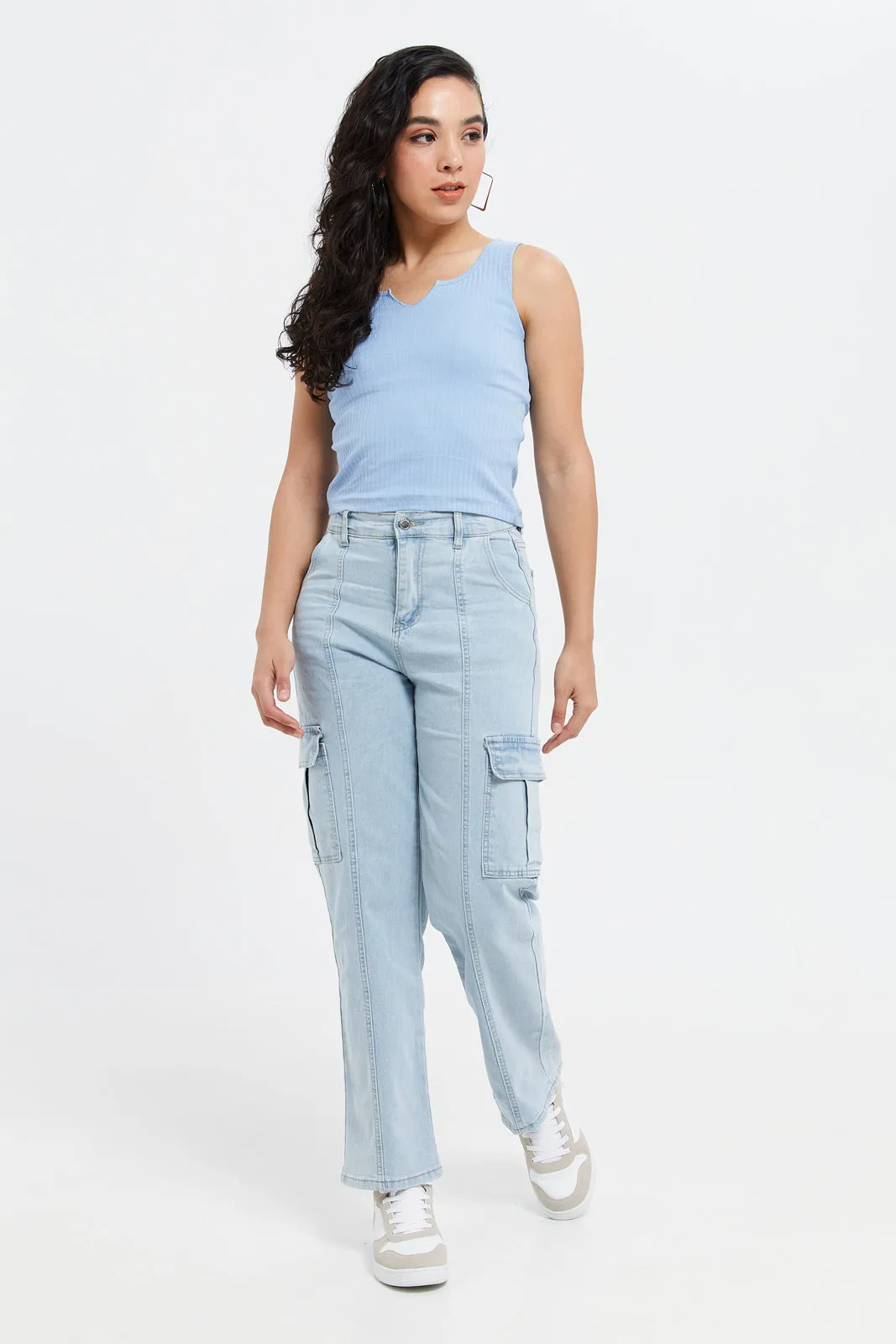 Women Blue Cargo Wide Leg Jeans