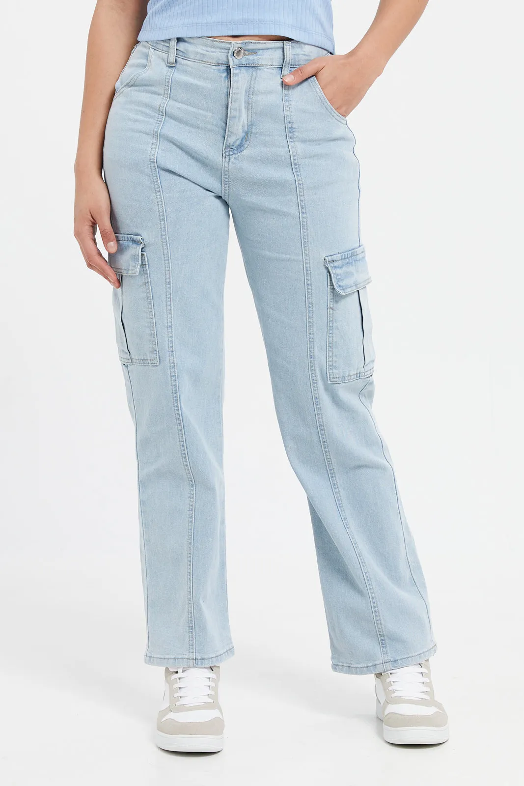 Women Blue Cargo Wide Leg Jeans