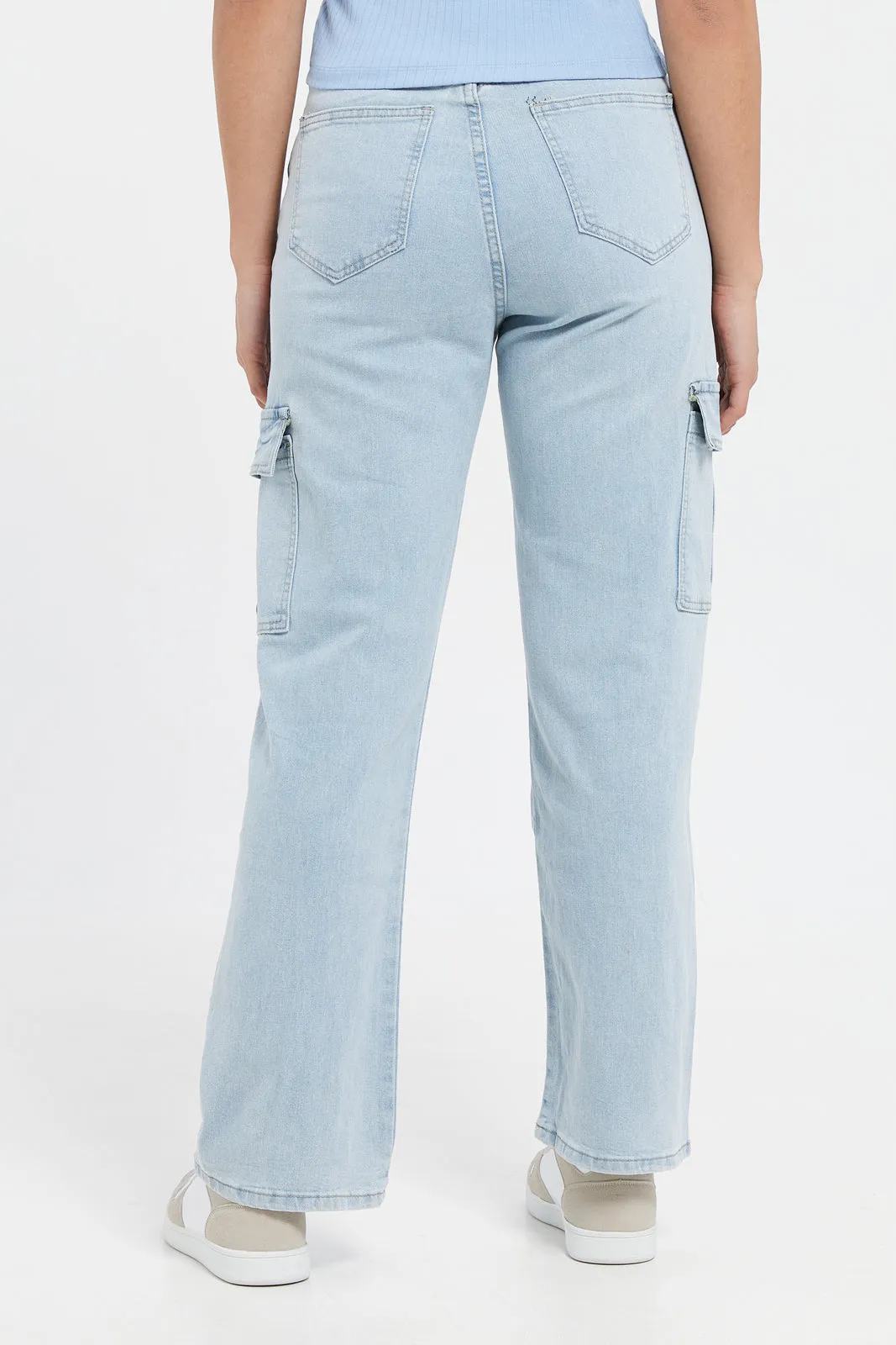 Women Blue Cargo Wide Leg Jeans