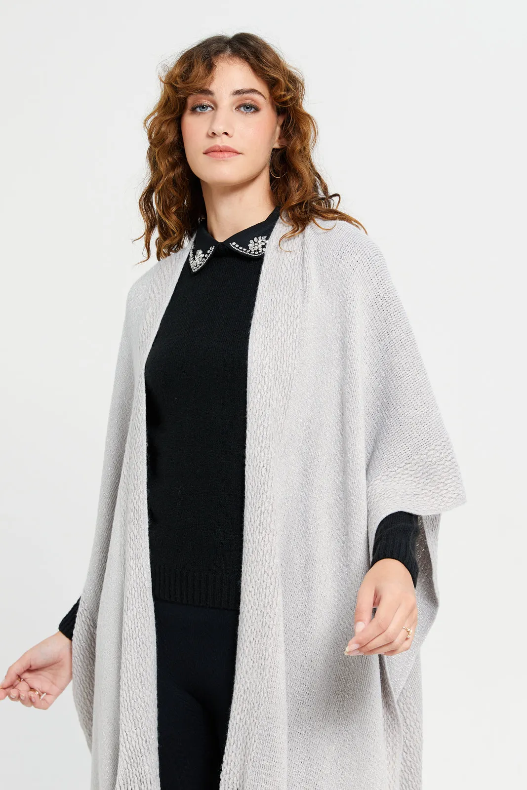 Women Grey Knitted Poncho