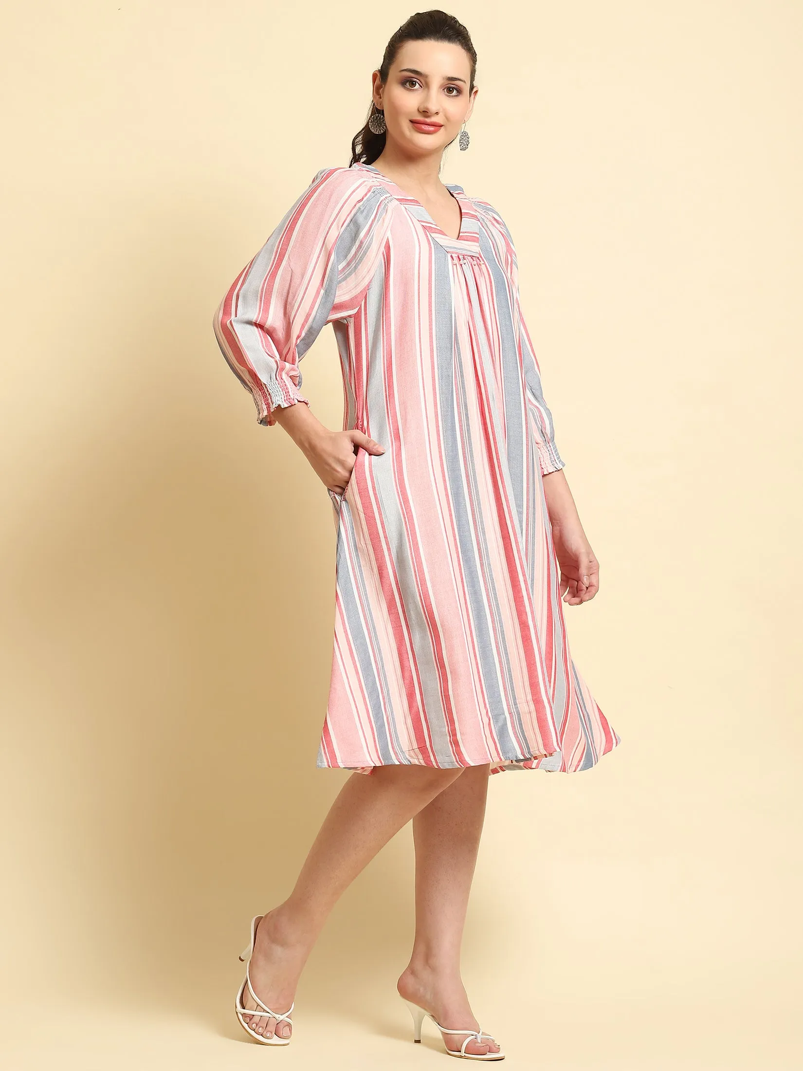 Women Multicolor Stripe Printed Short Dress