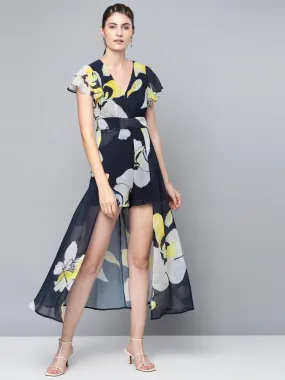 Women Navy Blue Floral Maxi Romper