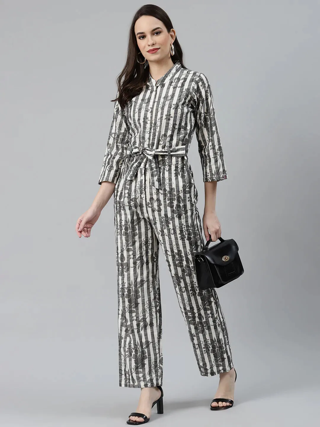 Women Off-White & Grey Striped Mandarin Collar Basic Jumpsuit