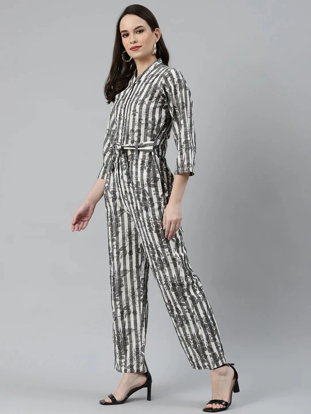 Women Off-White & Grey Striped Mandarin Collar Basic Jumpsuit