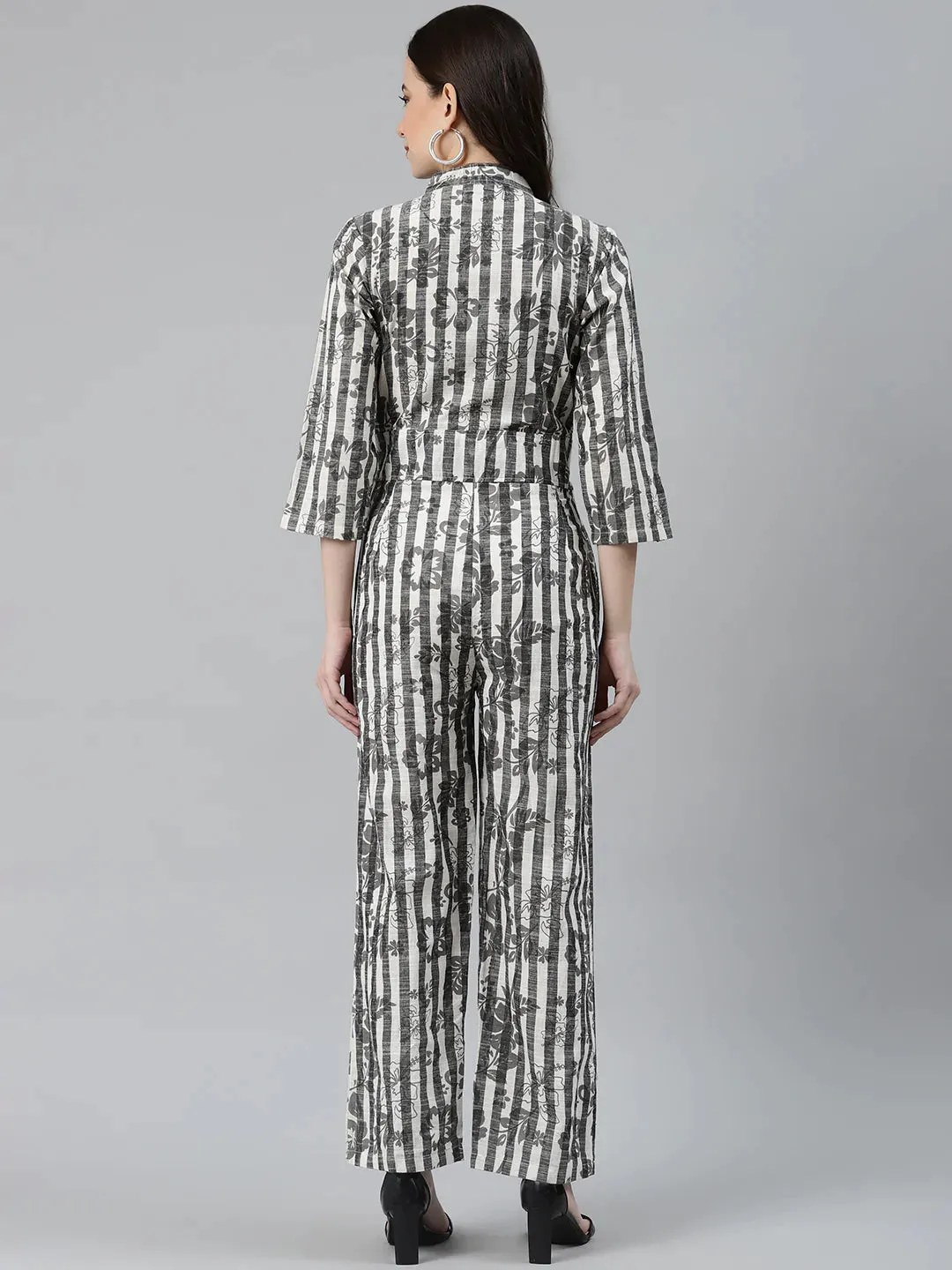 Women Off-White & Grey Striped Mandarin Collar Basic Jumpsuit