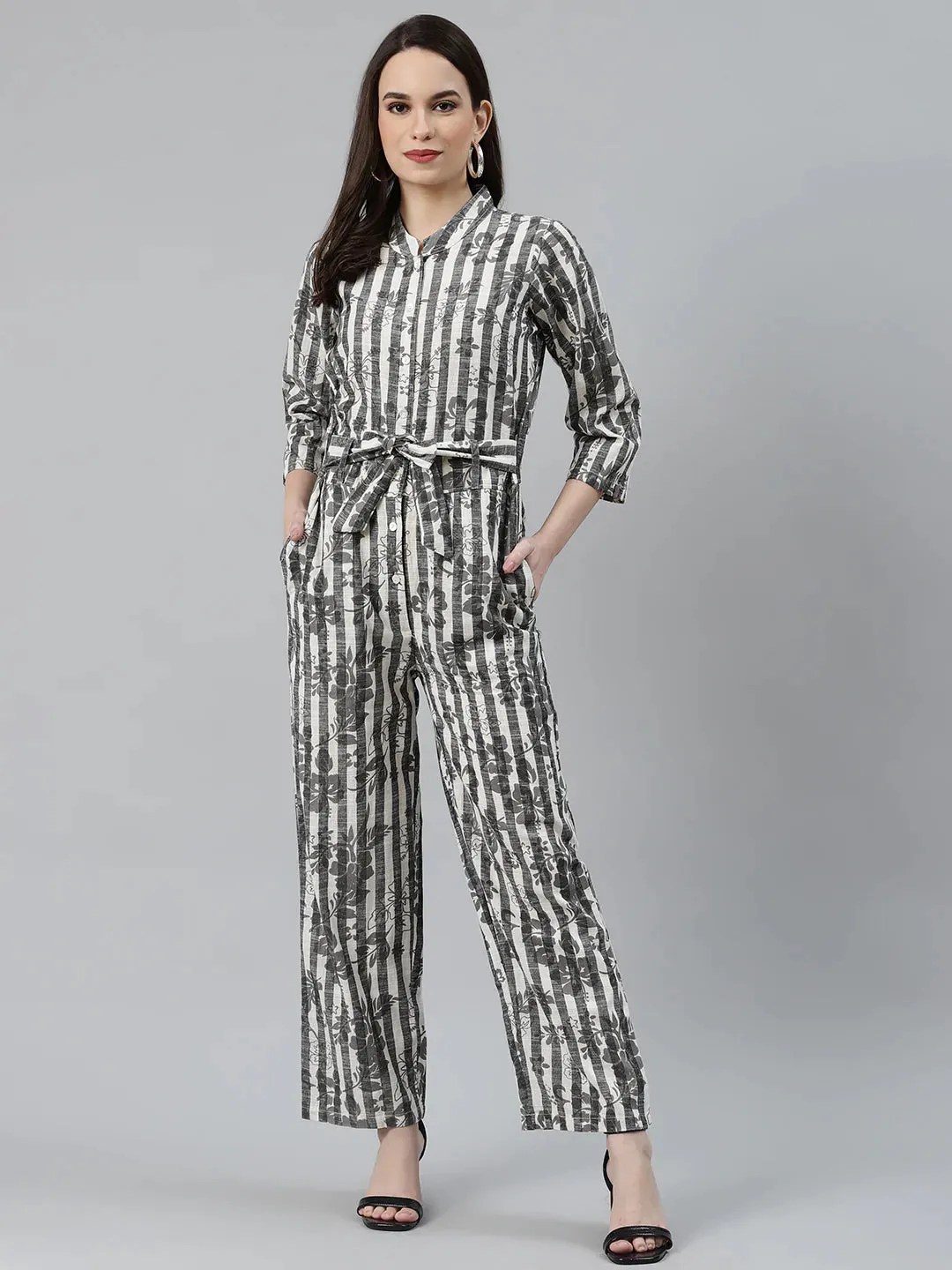 Women Off-White & Grey Striped Mandarin Collar Basic Jumpsuit