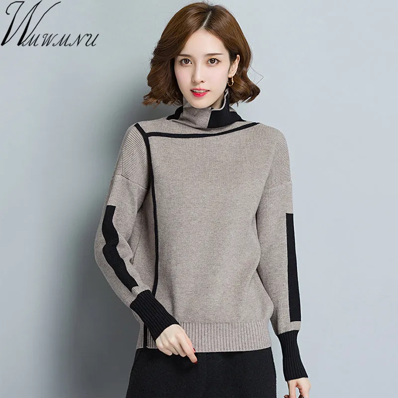 Women Turtleneck Winter patchwork Sweater Women 2018 Long Sleeve Knitted Women Sweaters And Pullovers Female Jumper Tricot Tops