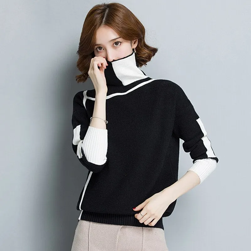 Women Turtleneck Winter patchwork Sweater Women 2018 Long Sleeve Knitted Women Sweaters And Pullovers Female Jumper Tricot Tops