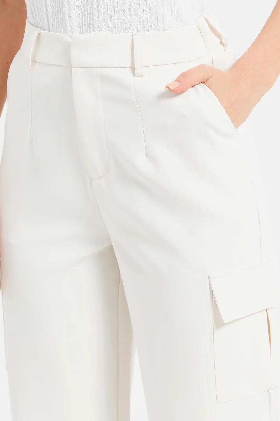 Women White Button-Down Cargo Wide Leg Fit