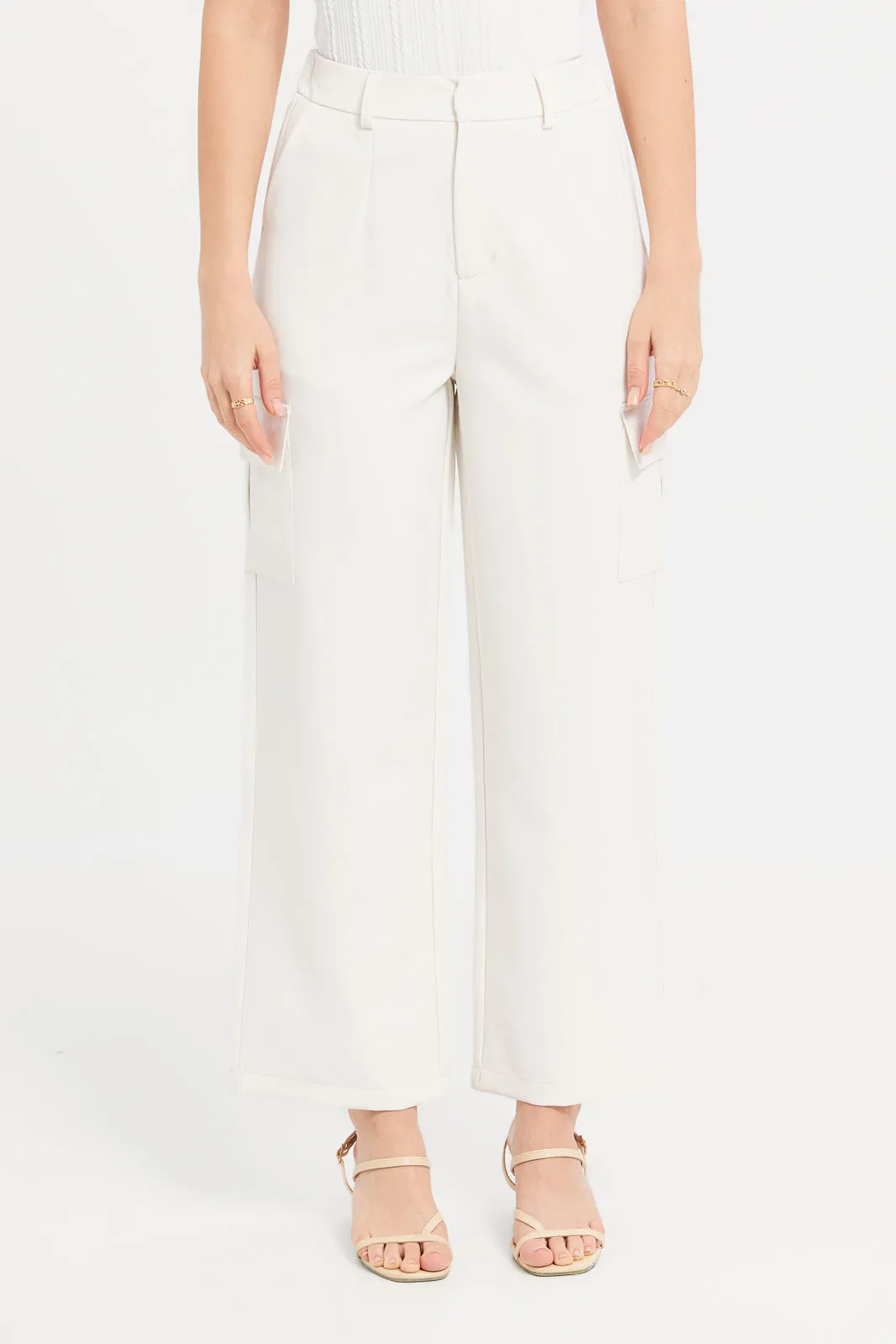 Women White Button-Down Cargo Wide Leg Fit