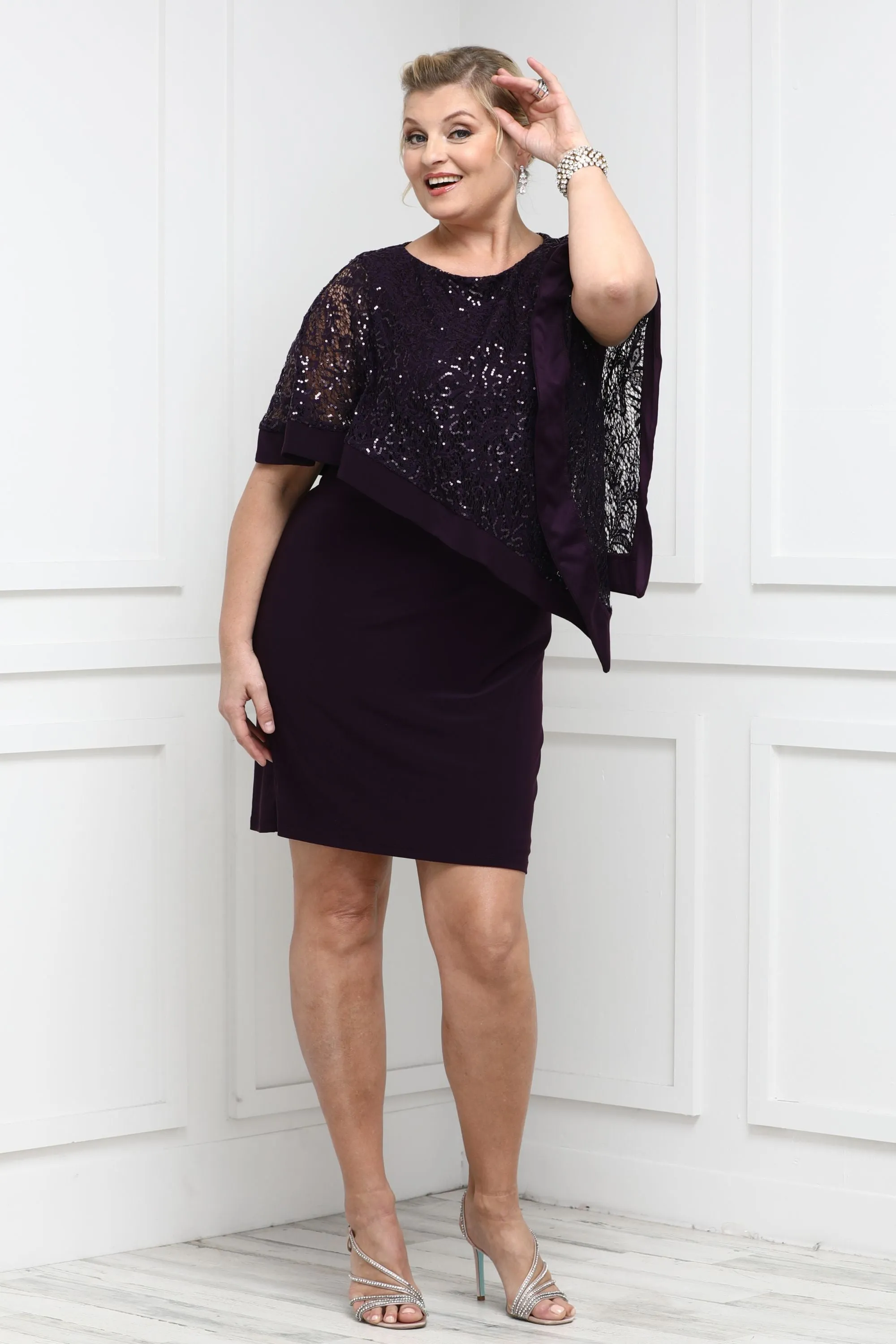 Women's Draped Sequin Lace Poncho Party Dress - Cocktail Dress