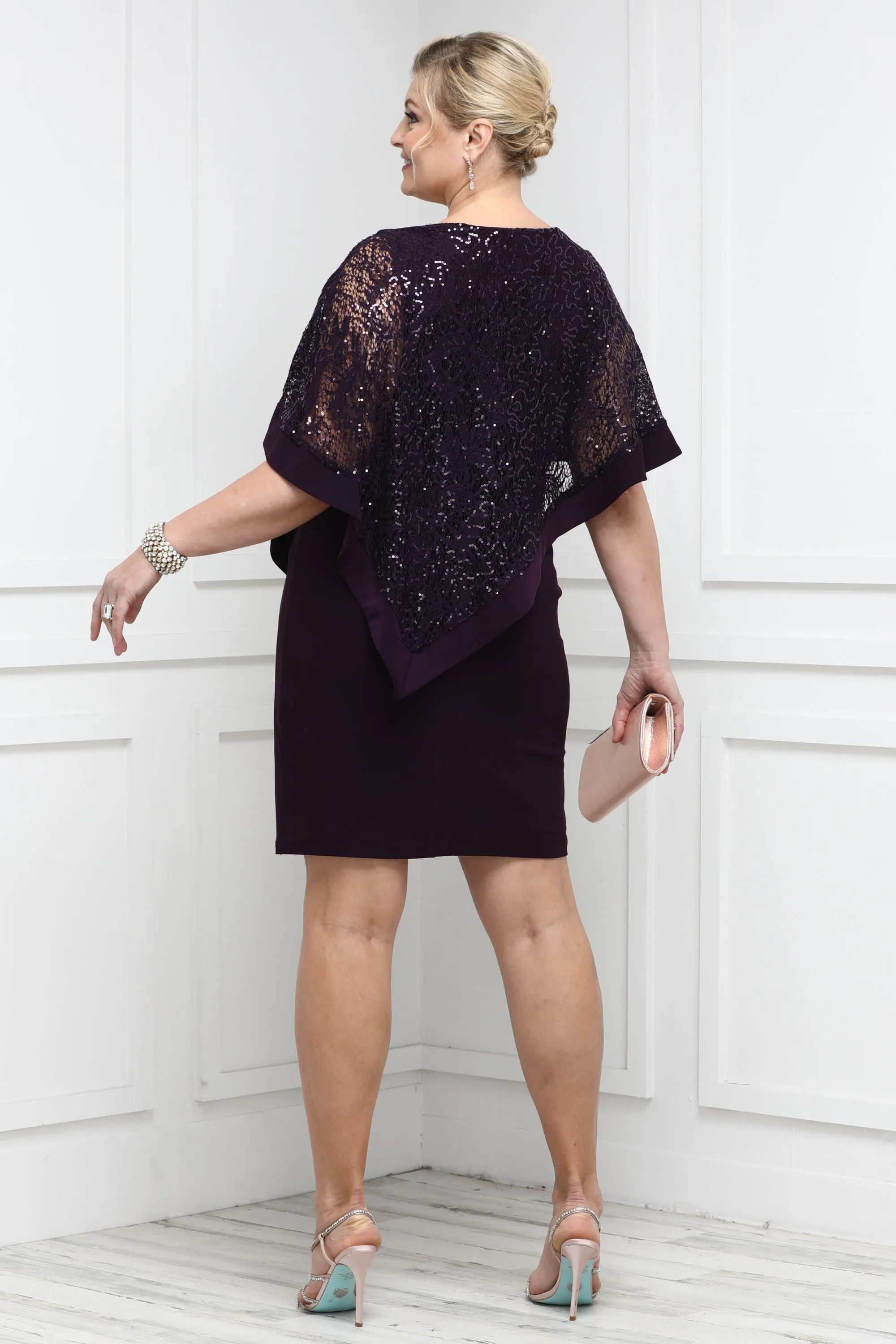 Women's Draped Sequin Lace Poncho Party Dress - Cocktail Dress