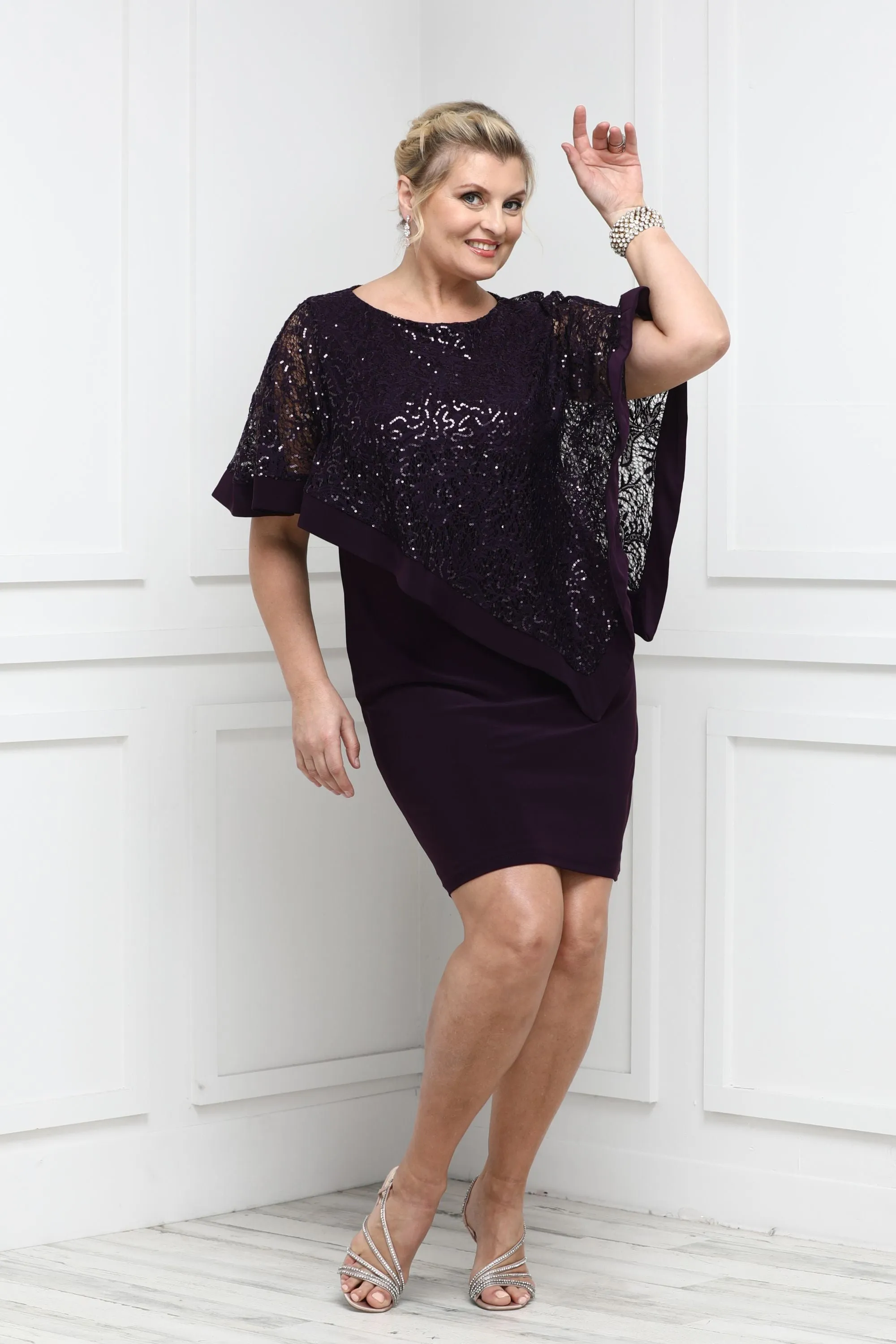 Women's Draped Sequin Lace Poncho Party Dress - Cocktail Dress