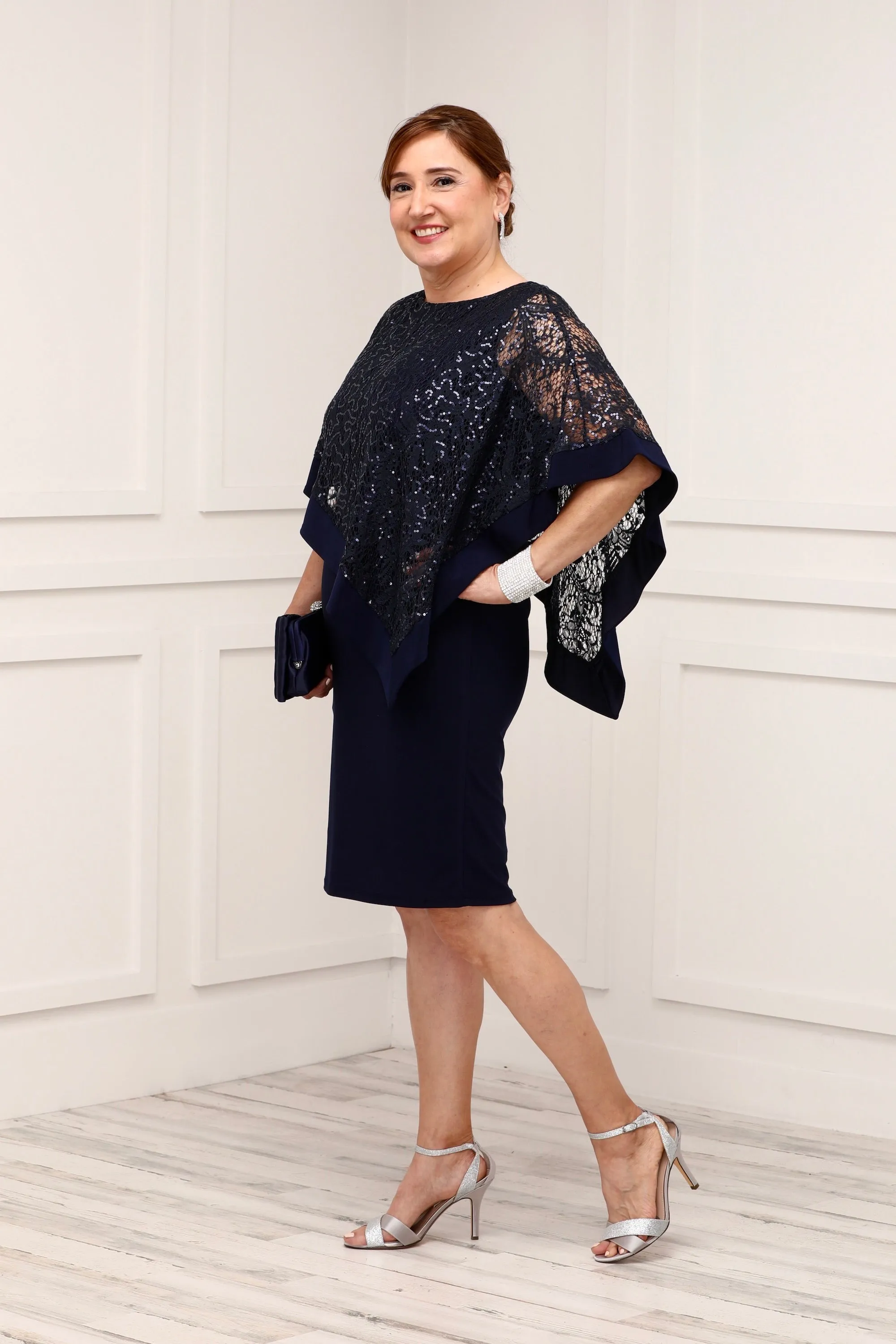 Women's Draped Sequin Lace Poncho Party Dress - Cocktail Dress