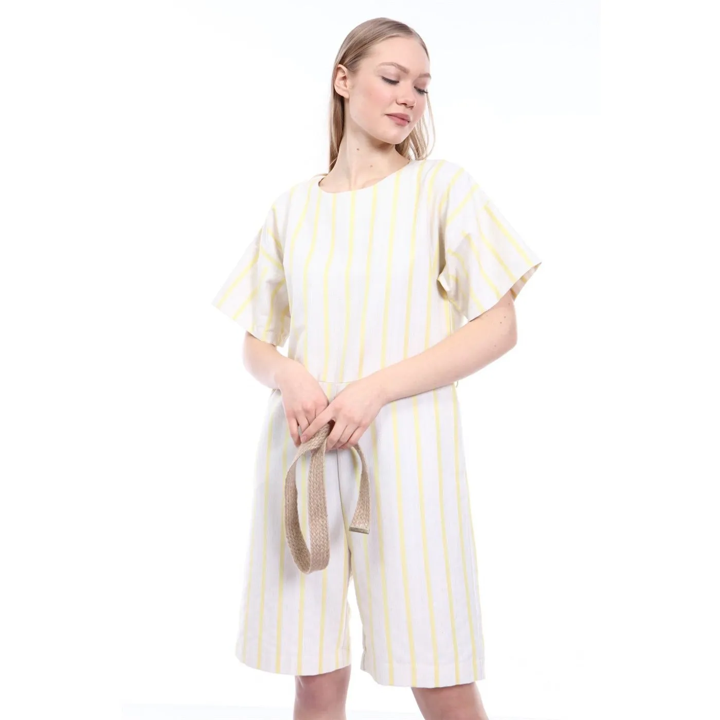 Yellow Stripes Beige Linen Jumpsuit